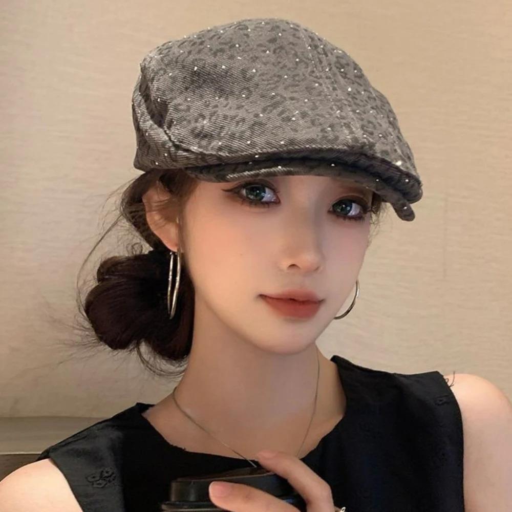 HT4874 Berets Shiny Spring Autumn Hat Men Women Leopard Artist Painter Beret Hat Male Female Ivy Flat Cap Adjustable Beret Caps