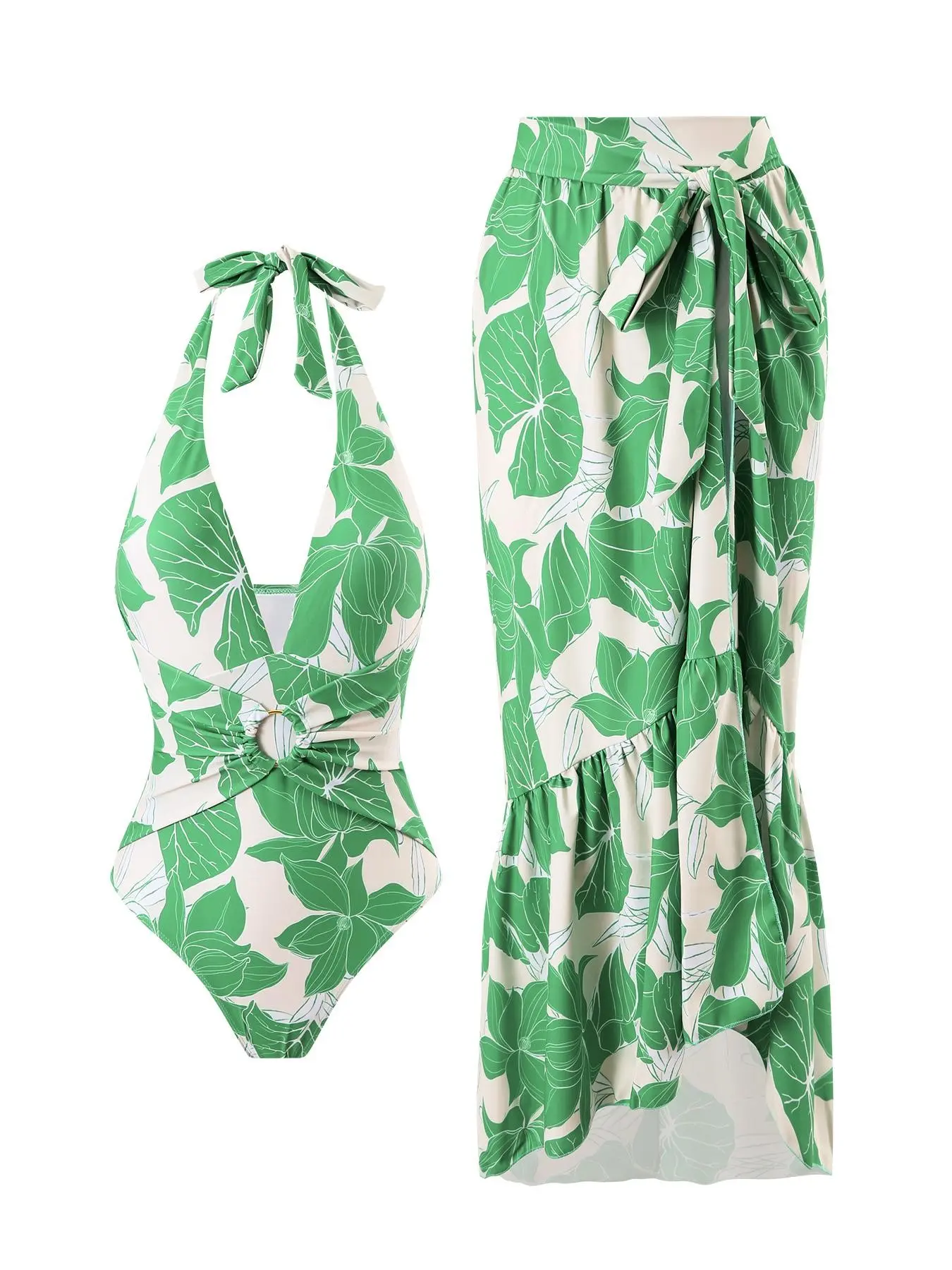 New Women's Tropical Print Tie-Neck One-Piece Swimsuit, Two-Piece Set with Pleated Beach Skirt, Stylish and Comfortable Swimwear