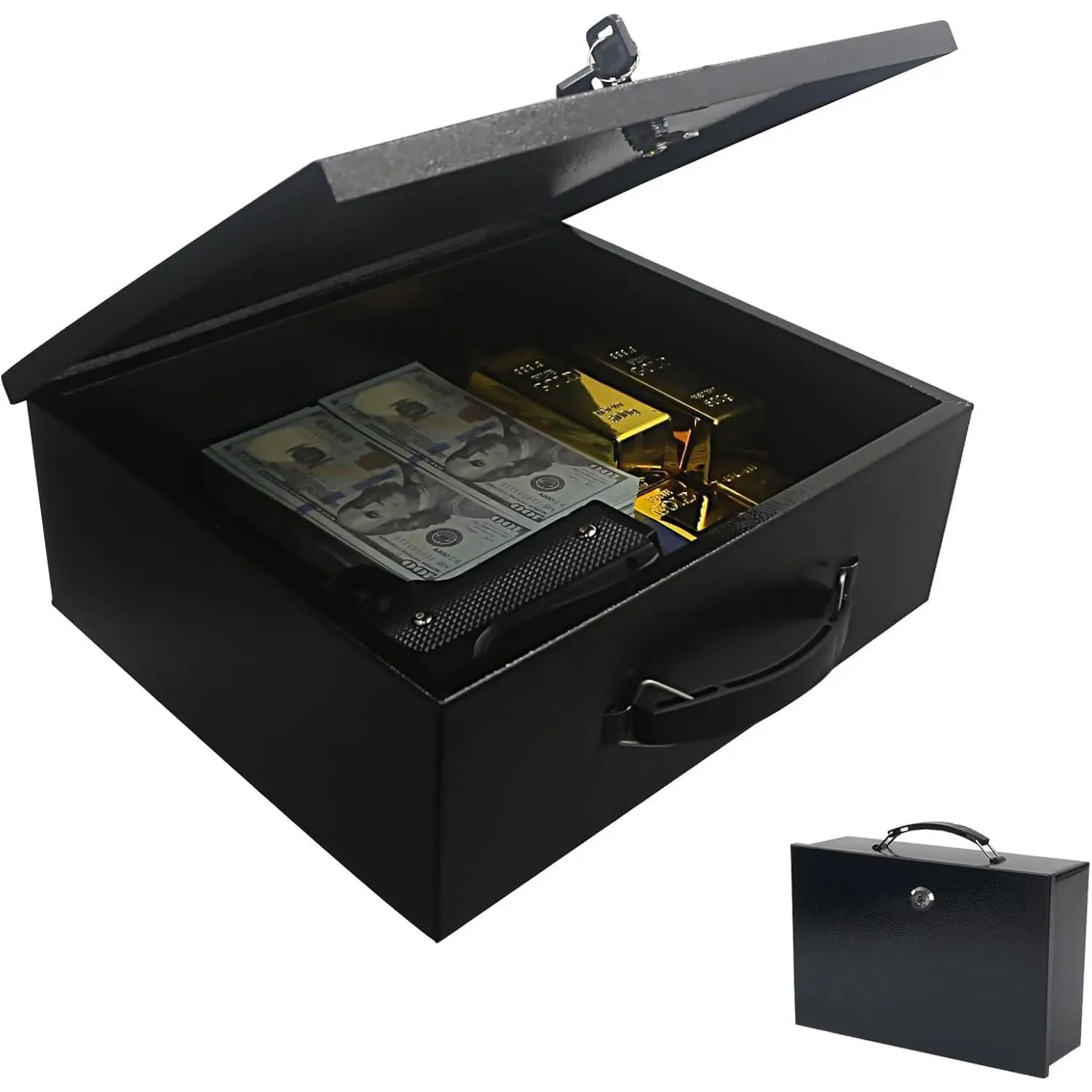 Steel Coated Fireproof Document Safe, 0.28 Cu Ft Black Portable Key Lock Box with Carrying Handle, 12.8in W x 8.5in D x 4.5in H, for Personal Items