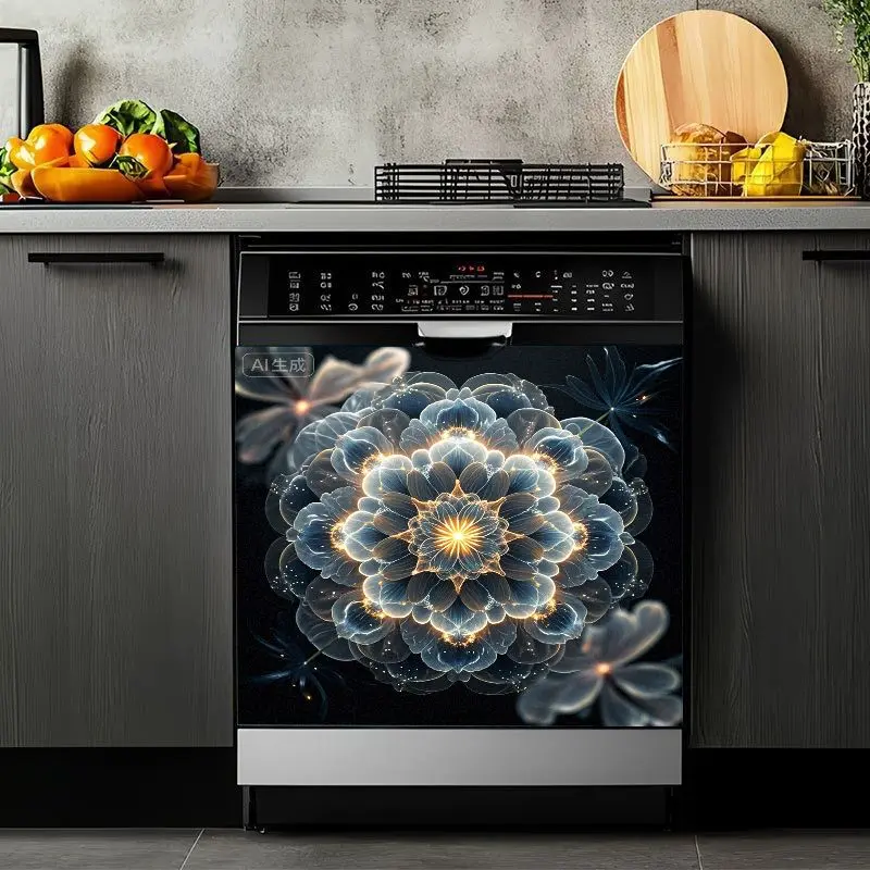 2D Flat 2Pcs Luminous Floral Dishwasher Sticker Elegant Glowing Flower Appliance Cover Waterproof Self-Adhesive Decorative Front Panel Decals for Kitchen Refrigerator Laundry Room Home Decor Removable Washable