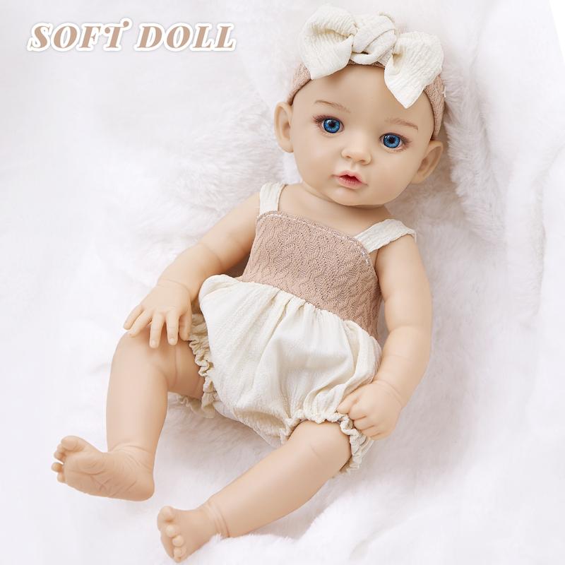 New beige dress with headband and doll 12 inch 30cm super realistic reincarnation doll, toy doll dress up party soothing doll