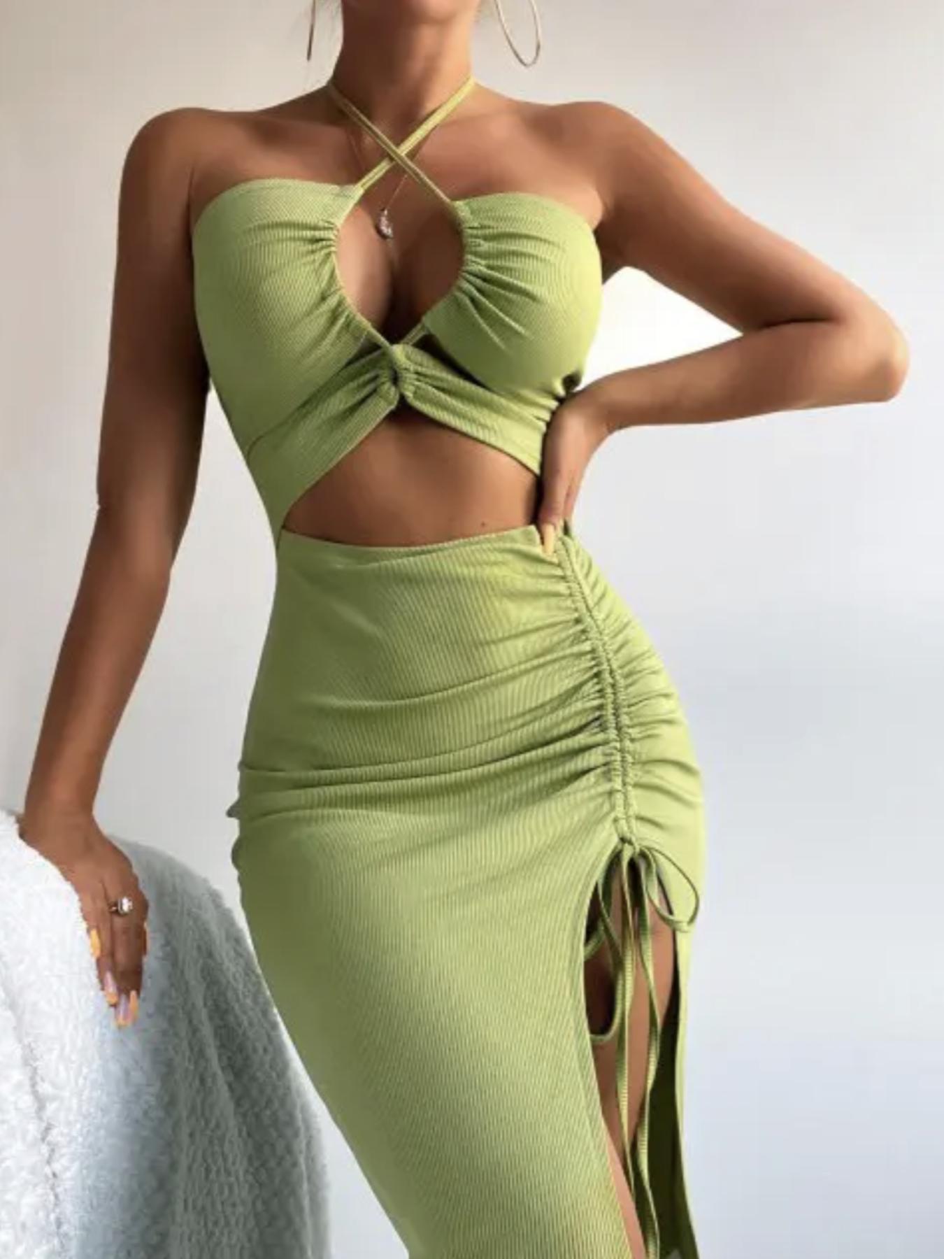 Women's Plain Criss Cross Backless Split Thigh Drawstring Bodycon Dress, Solid Sleeveless Cut Out Tie Back Halter Midi Dress for Party Club Dating Wear, Ladies Summer Clothes Bodycon Chic