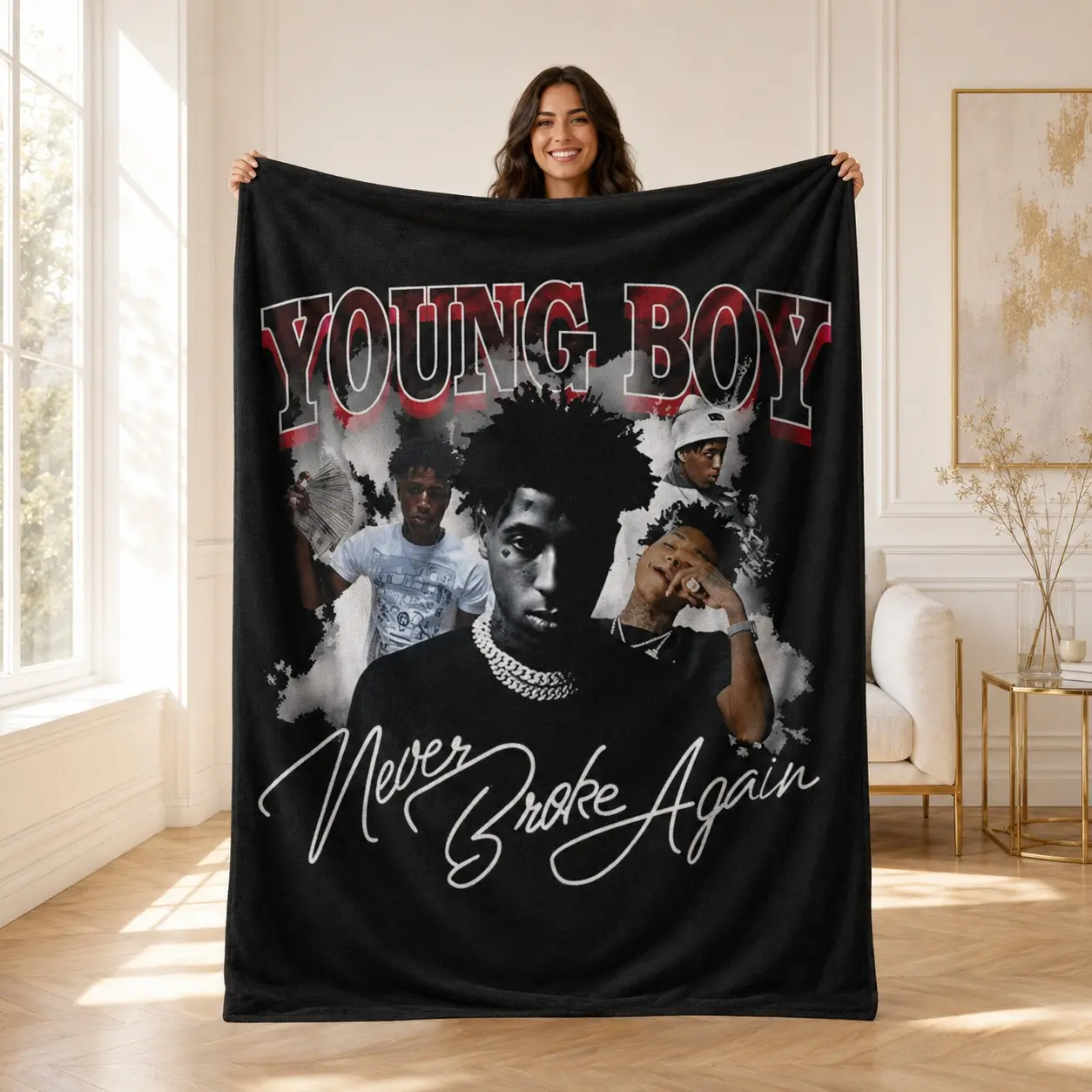 1PC YoungBoy Never Broke Again Rapper Vintage Portrait Print Flannel Blanket, Soft Skin-Friendly Anti-Pilling Machine Washable Lightweight Warm, Suitable For All Seasons For Home Sofa Rest, Bedroom Naps, Solo Music Time, Ideal For Hip Hop Rap Fans Collect