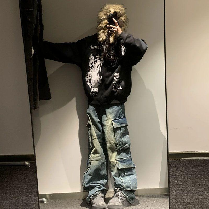 Women Y2k Aesthetic Tie-dye Printing Hoodies Harajuku Vintage Fur Patchwork Hooded Hoody Casual Grunge Oversized Sweatshirts