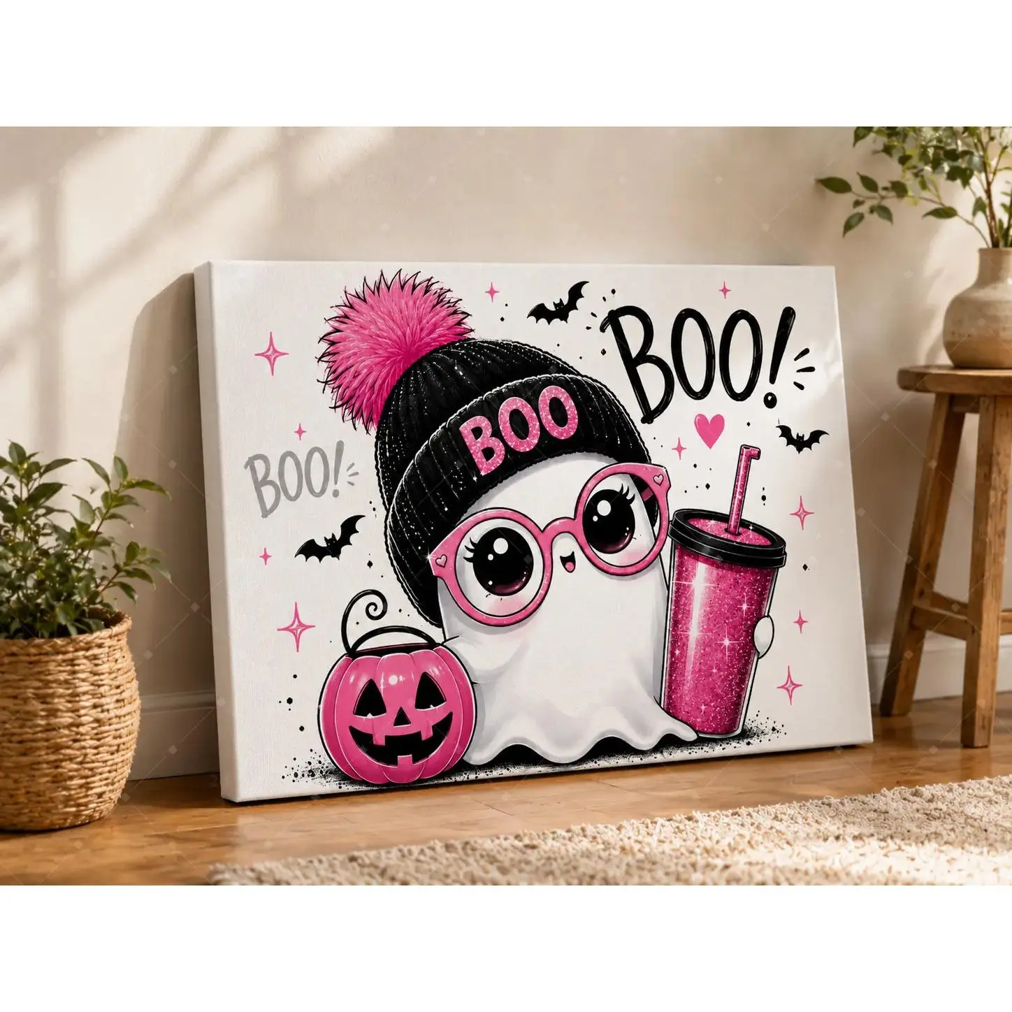 Cute Ghost Halloween Canvas Wall Art, Pink Boo Ghost Poster Print, Spooky Cute Decorative Poster for Living Room Bedroom Kids Room Dorm Nursery, Unframed Poster or Framed Canvas Wrap