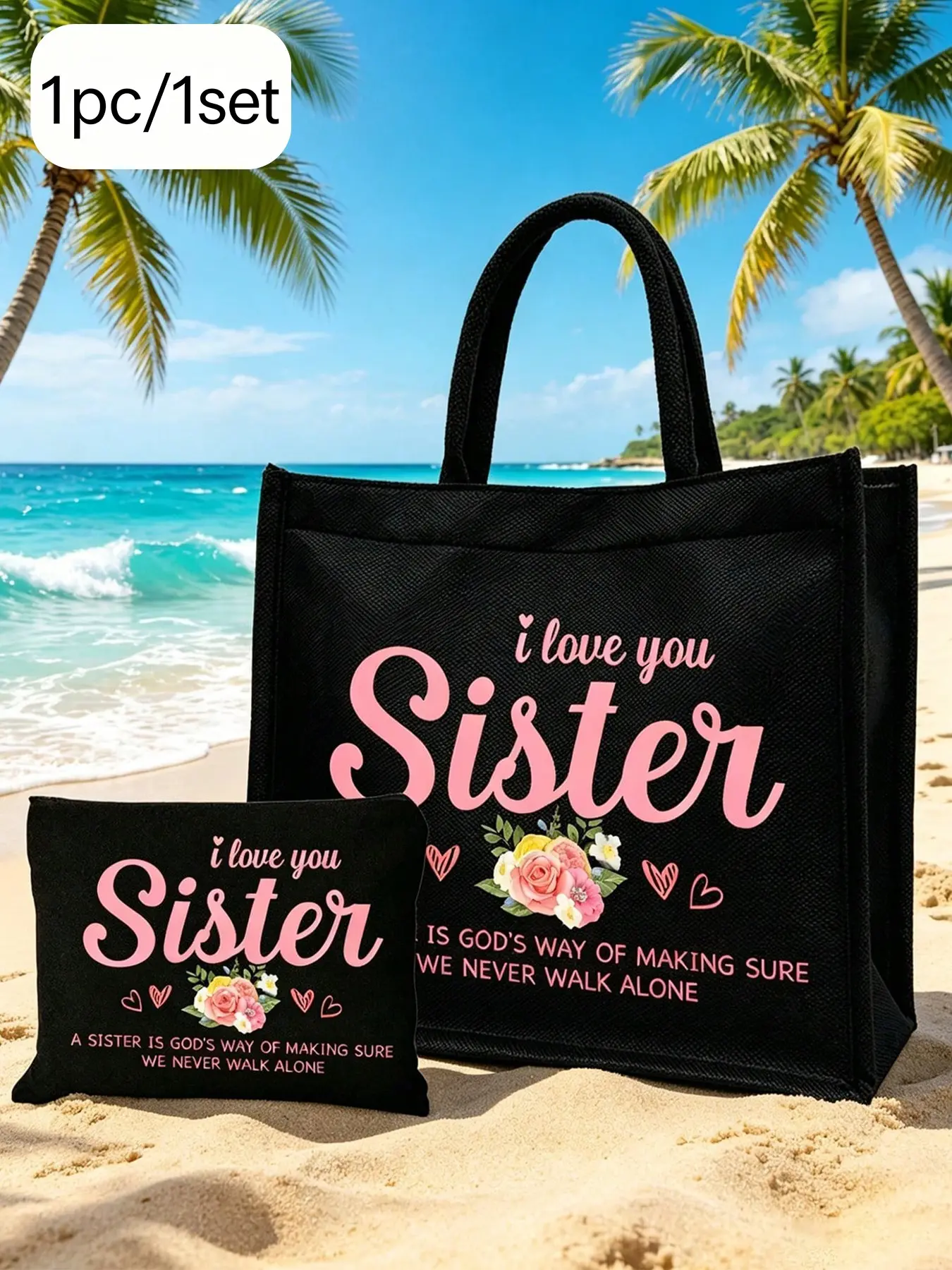 Linen Tot Bag, Jesus Theme Inspirational Print, Reusable Shopping Bag, Foldable Makeup Pouch, Gift for Sisters, Beach & Travel Bag