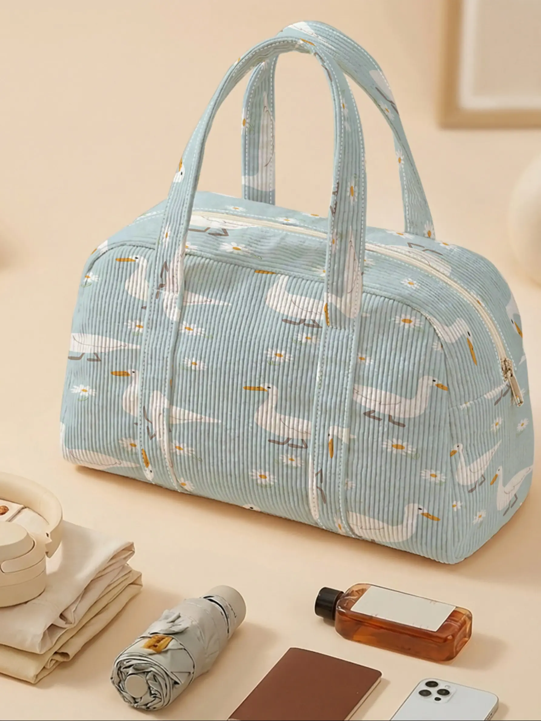 Women's Tote Bag, Mint Duck Daisy Print, Velvet Material, Round Shape, Full Zipper, Dual Handles, Casual All-Season Bag