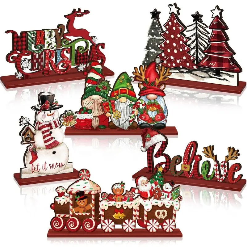 6-Piece Christmas Wooden Tabletop Decor Set: Gnome Doll, Snowman, Santa Claus, Mini Train, Trees, and Alphabet Wooden Centerpiece Ornaments  Rustic-Style Holiday Decor for Fireplaces, Dining Tables, and Indoor Spaces