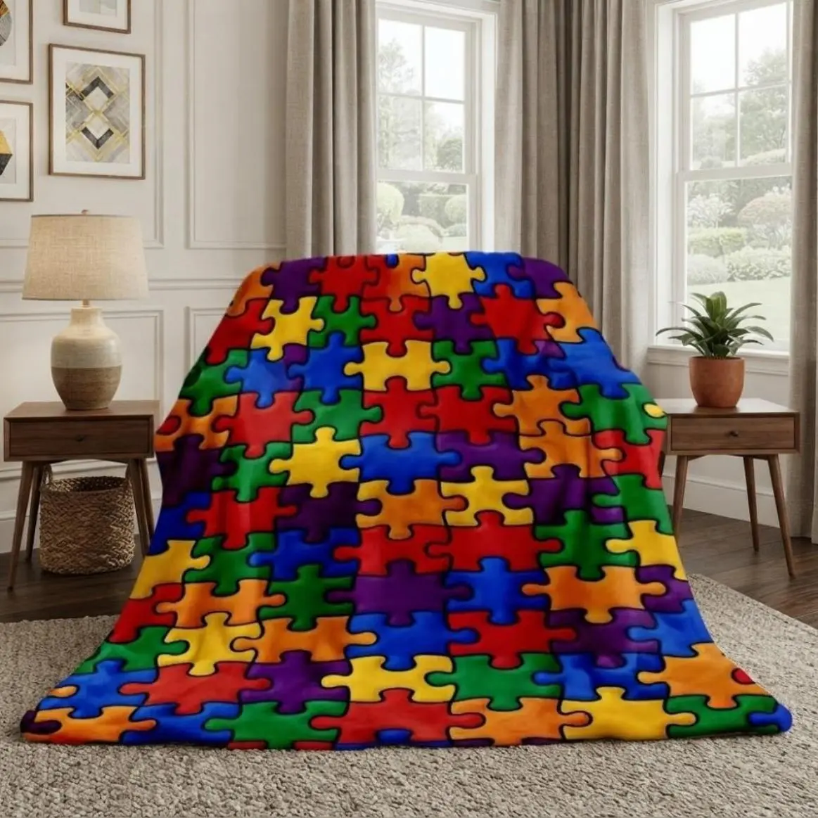 2D Flat Flannel Puzzle Blanket Ultra Soft Warm Colorful Patchwork Pattern Throw Blanket Suitable All Seasons Comfortable Washable For Bed Sofa Couch Adult And Children Bedding Duvet Bed Sheets Comforter Set Cooling Blankets