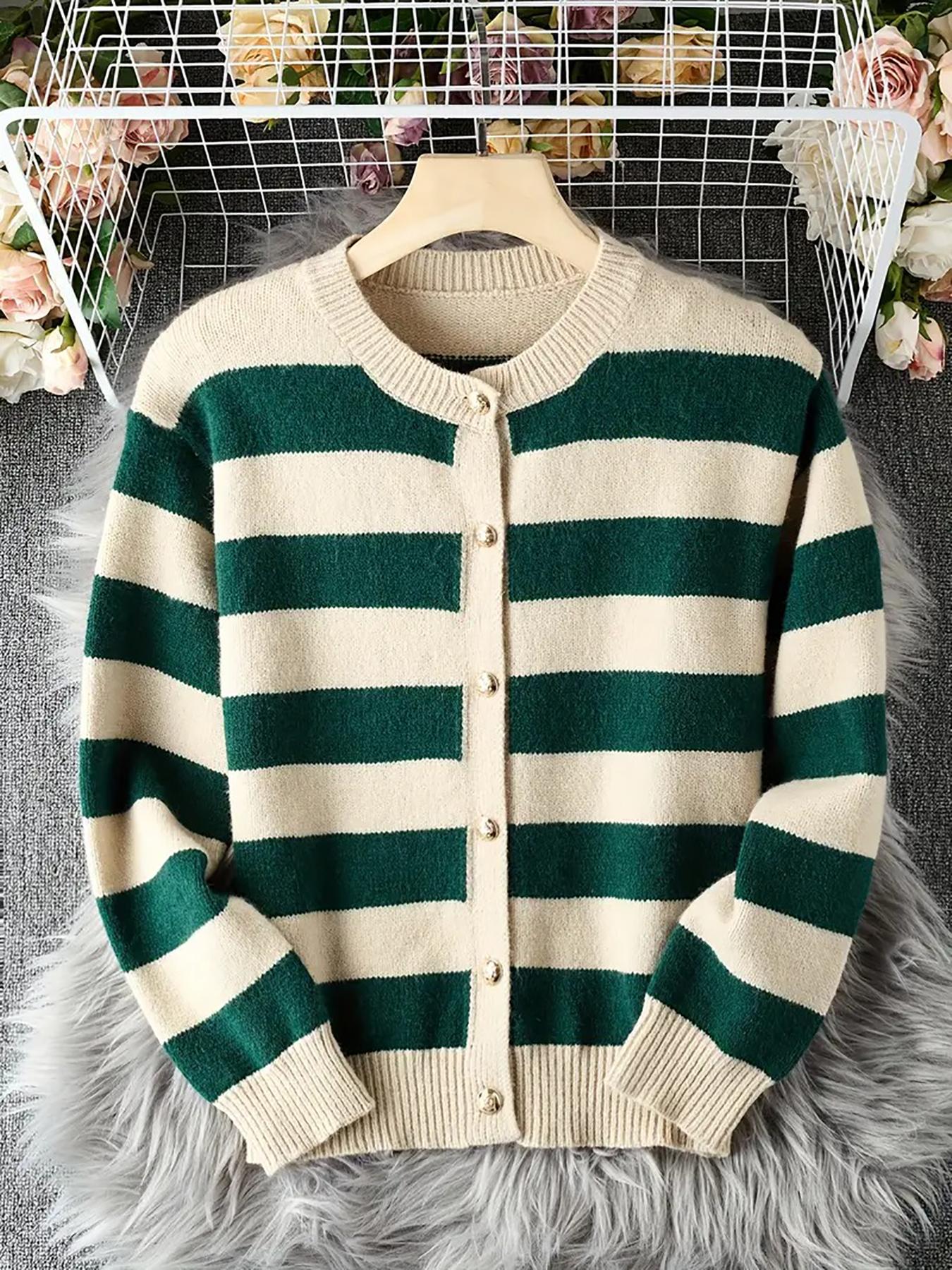 Women's Fall Winter Casual Loose-Fit Knitted Cardigan, Round Neck Colorblock Striped Sweater Coat, Soft Comfortable High-End Design