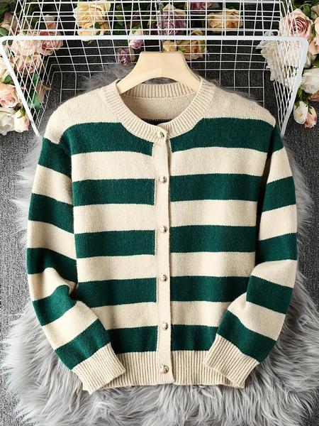 Women's Fall Winter Casual Loose-Fit Knitted Cardigan, Round Neck Colorblock Striped Sweater Coat, Soft Comfortable High-End Design