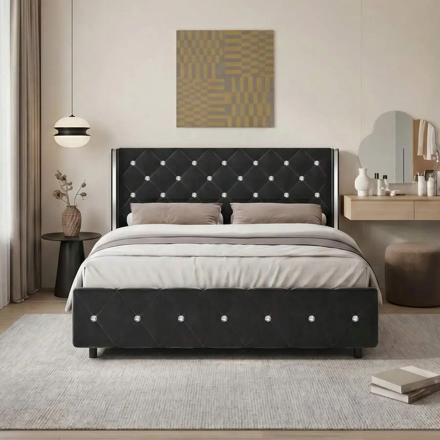 Upholstered Bed Frame with Diamond‑Tufted Headboard & Footboard, Twin / Full / Queen / King Size, Wood Slat Support, No Box Spring Needed, Easy Assembly, Multi‑Color: Black Pink White Purple Blue Green