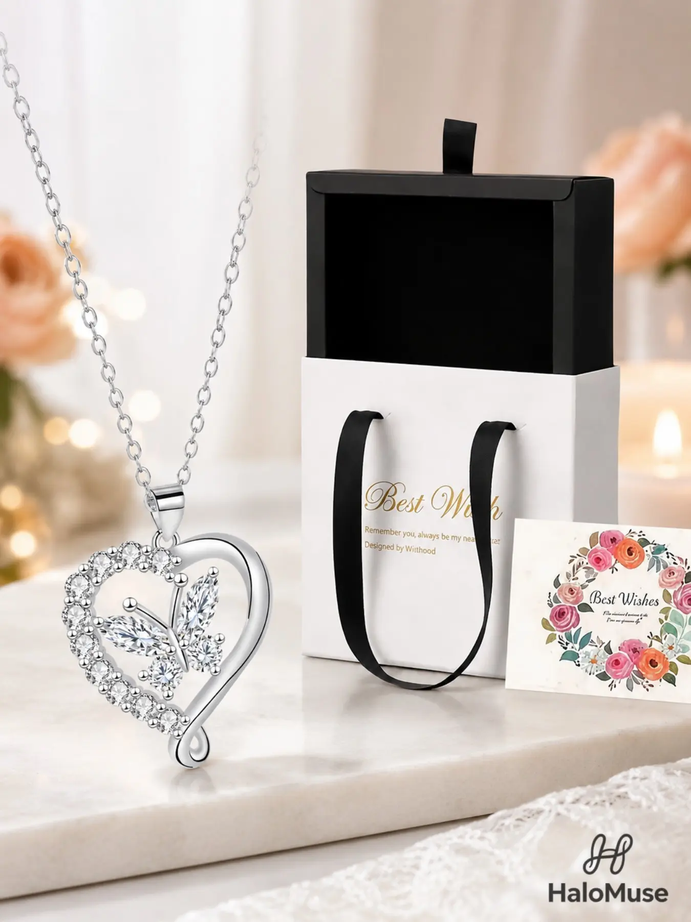Halo Muse 1 Set Hollow Heart Butterfly Rhinestone Necklace Drawer Gift Box Set, Exquisite Sparkly Vibe, Luxury Full CZ Butterfly Heart Pendant with Card, Birthday Gift for Girlfriend BFF, Daily Versatile Dainty Clavicle Chain