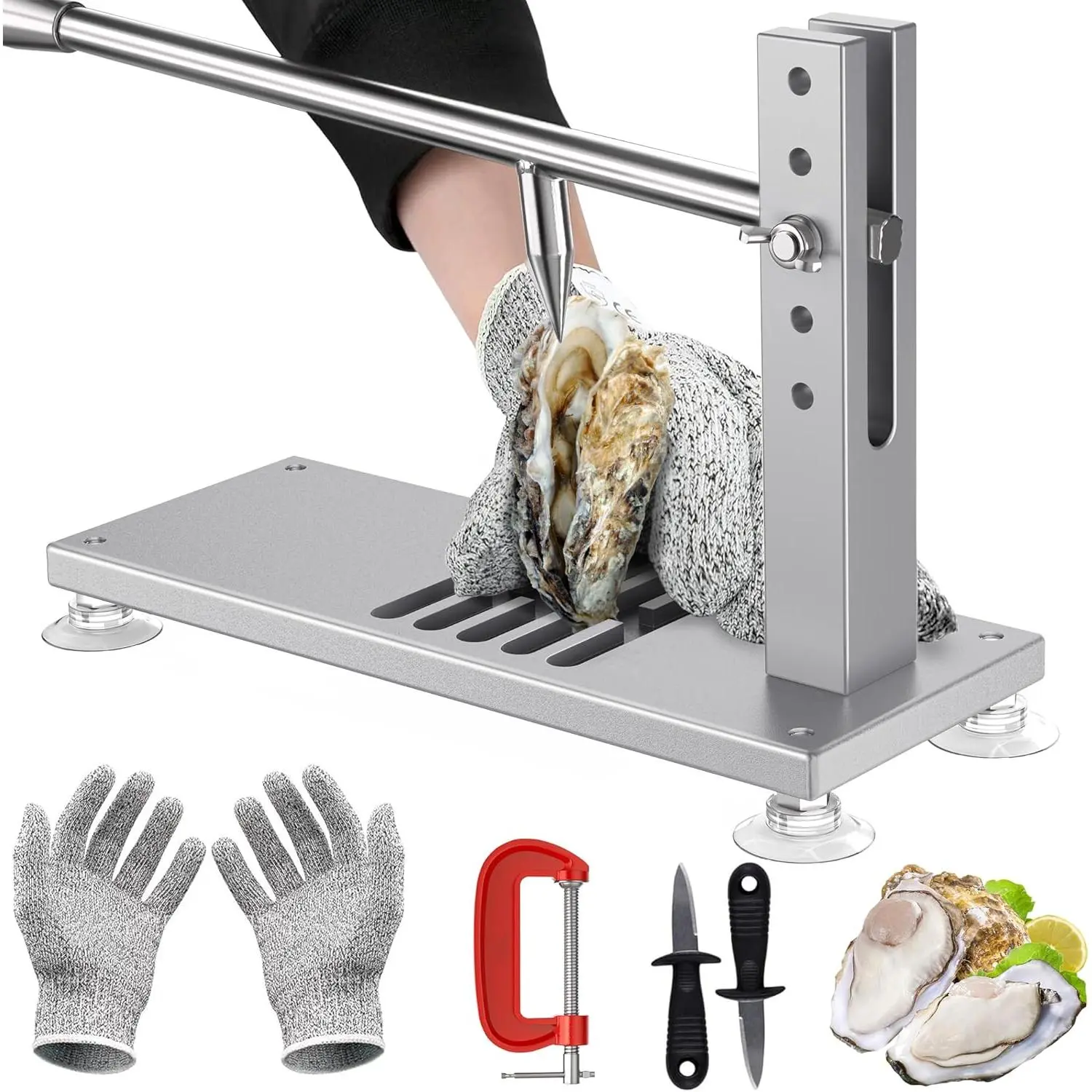 Oyster Clam Opener Machine Adjustable Oyster Shucker Tool Set Including Knives, Glove and G-Clip, Seafood Tools for Hotel Family Buffet