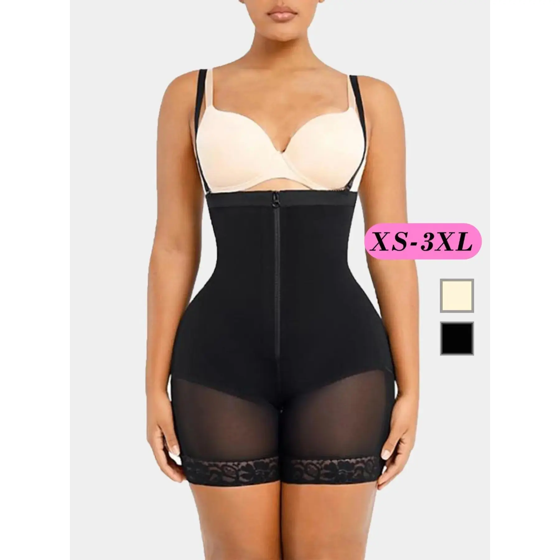 XS-3XL Women's Plain Contrast Lace Zipper Front Shapewear Romper with Detachable Adjustable Strap n Faja BBL Fajas Underwear Hook and Eye Closure Bodysuit High Waisted Tummy Control for Daily Wear wedding dress