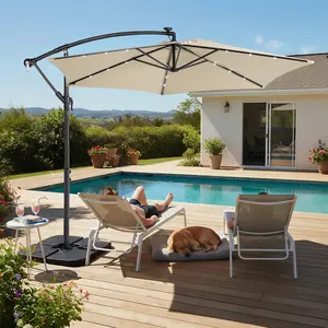10FT Round Banana Patio Hanging Umbrella for Garden, Backyard, Deck & Poolside – Waterproof Polyester Canopy, 18 LED Lights, Sturdy Iron Frame, Cross Base & Stand Sleeve Included