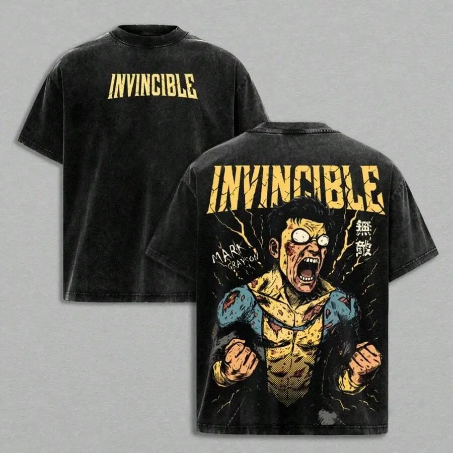 Anime Vintage Washed Cotton Unisex-Shirt, Invincible Mark Grayson Invincible Graphic Oversized Anime Streetwear Tee Cotton Graphic Tees,Camisas Pa