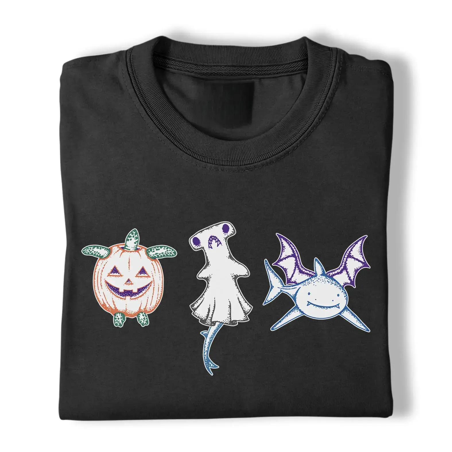 Cute Halloween Sea Animals T-Shirt Pumpkin Turtle Ghost Shark Bat Wings Graphic Tee for Spooky Ocean Animal Lovers Unisex Gift
