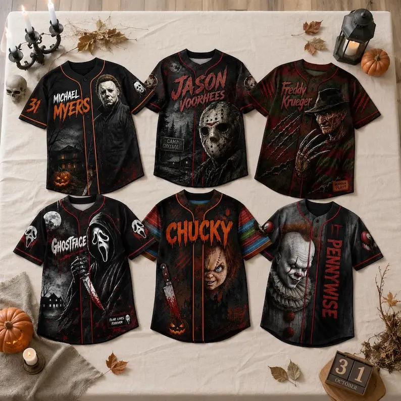 Horror Slasher Baseball Jersey, Classic Horror Movie Characters Shirt, Spooky Squad Halloween Uniform, Halloween party costumes, Halloween Gifts