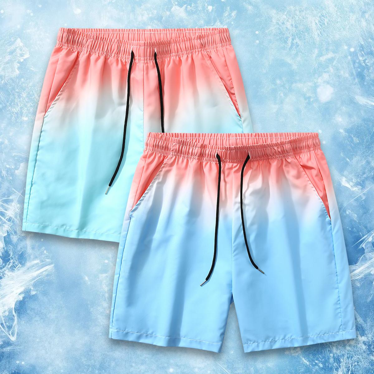 Y2K Aesthetic Men's Gradient Color Block Swim Shorts, Oversized Loose Fit Drawstring Casual Board Shorts, Quick Dry Lightweight Summer Streetwear, Trendy Ombre Print 5 Inch Swim Trunks for Skateboarding, Beach Vacation, Daily Outfit, Unisex S-XL
