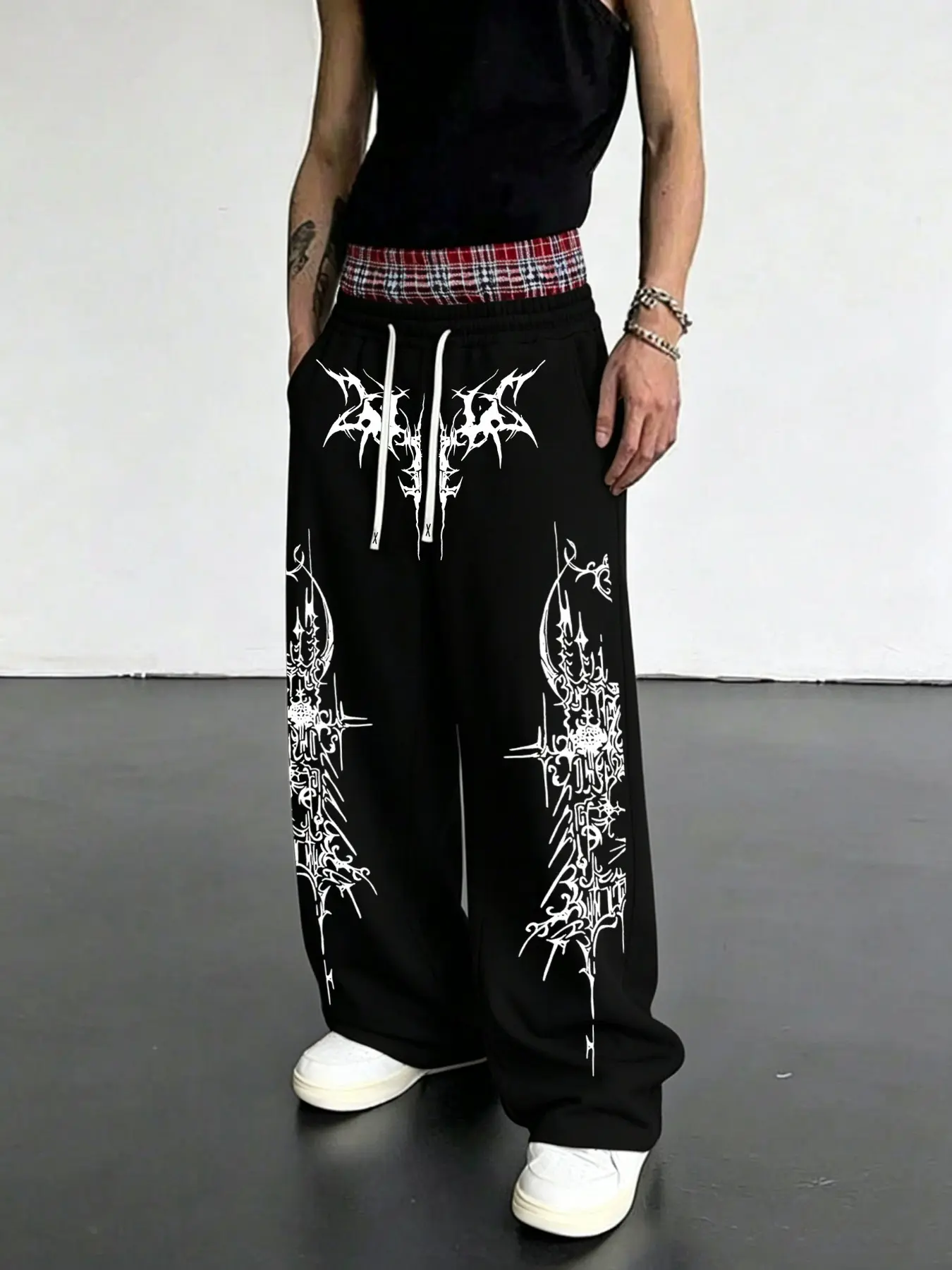 Men's Layered Waistband Fake Two-Piece Sweatpants, Gothic Pattern Print, Casual, Loose-Fit, All Seasons, Trendy Long Pants for Men