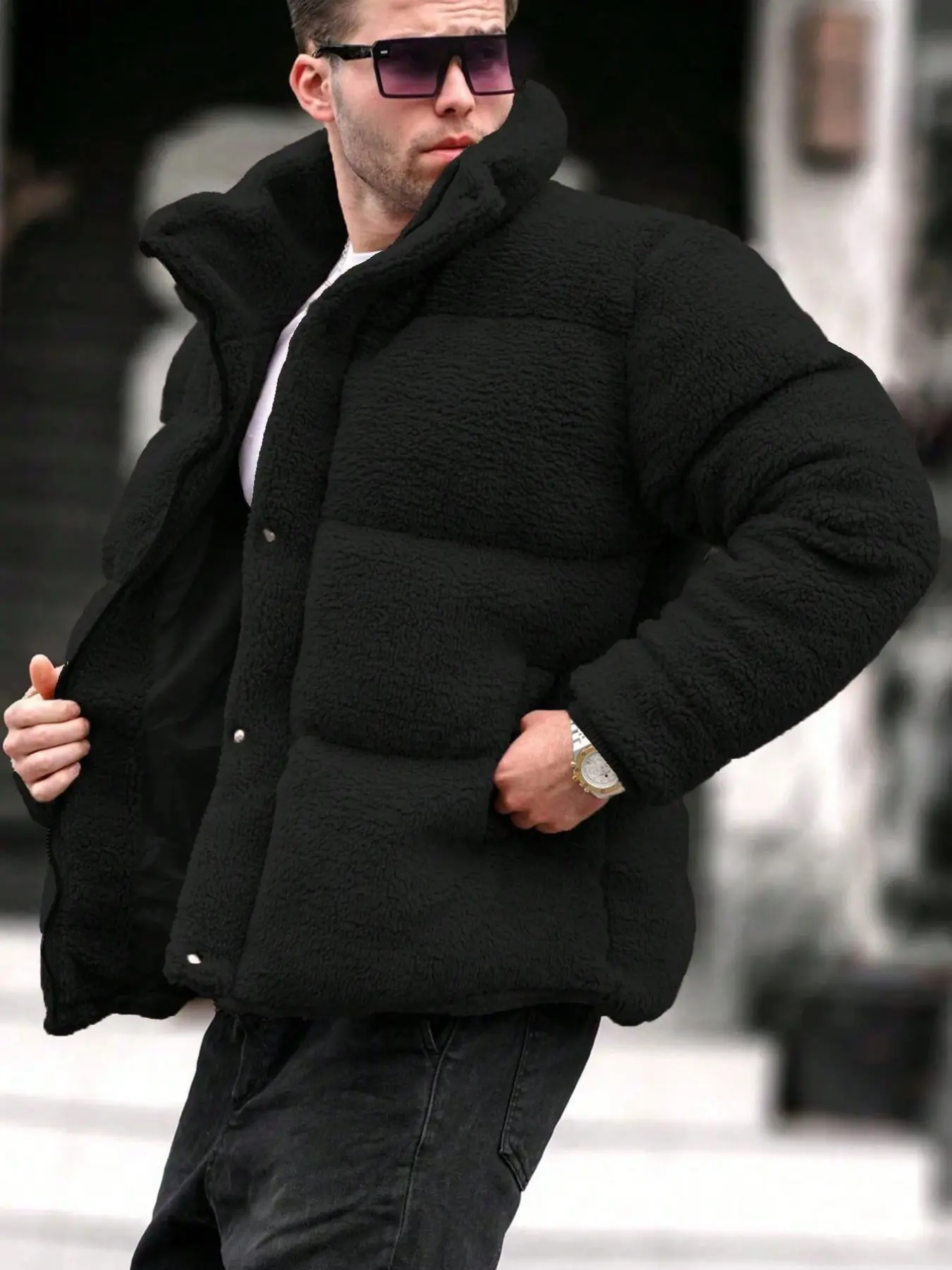Men's Fashion Loose Fit Long Sleeve Zipper Button Front Teddy Fleece Lined Jacket, Winter Coat, Down Cotton Outerwear, Fall & Winter Warm Clothing
