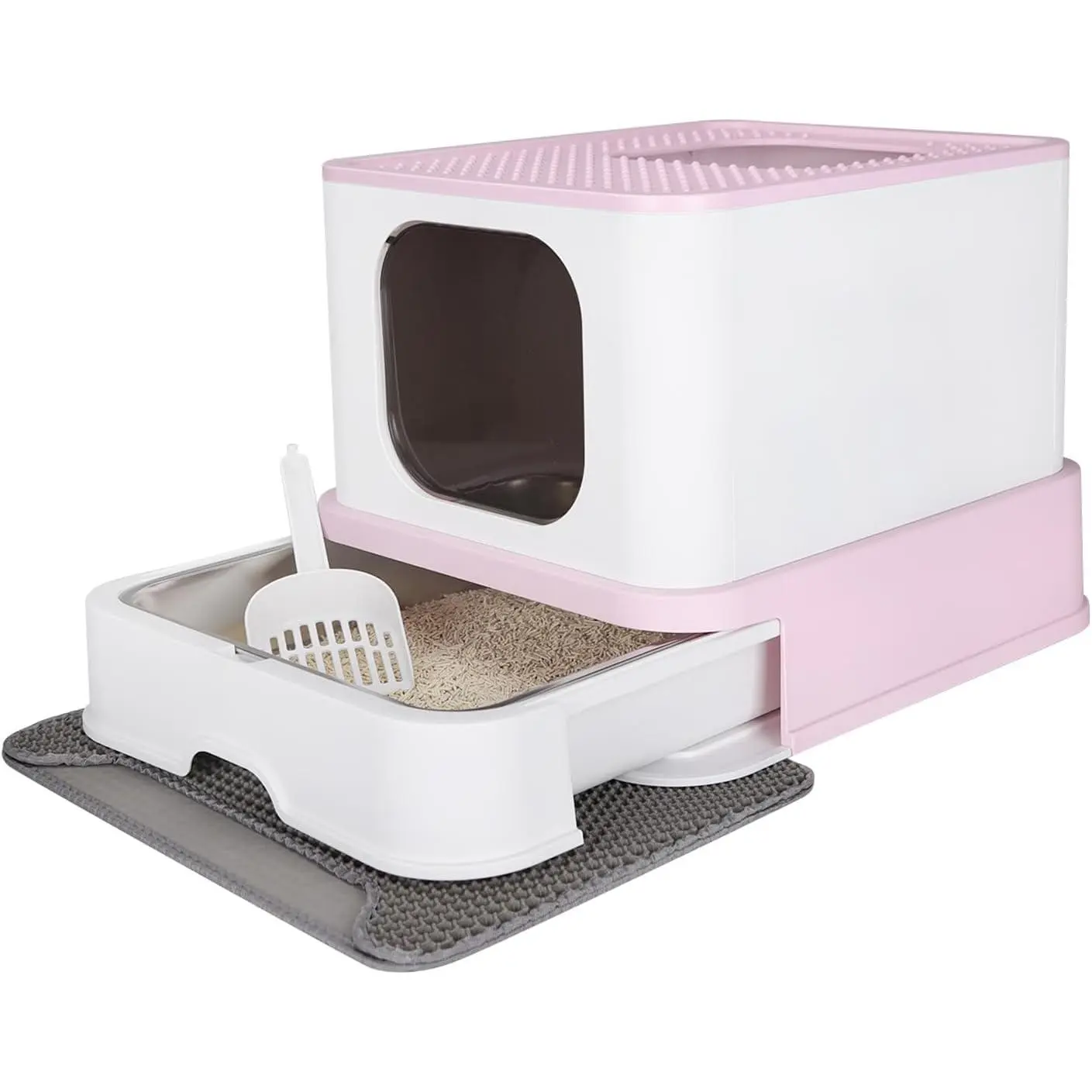 Stainless Steel Cat Box: Large Size for Cats Up to 45 lbs - Pink Covered Odor Control Enclosure with Easy Cleaning - Teflon Non-Stick Coating - Anti-Splash for Multi-Cat Homes & Apartments