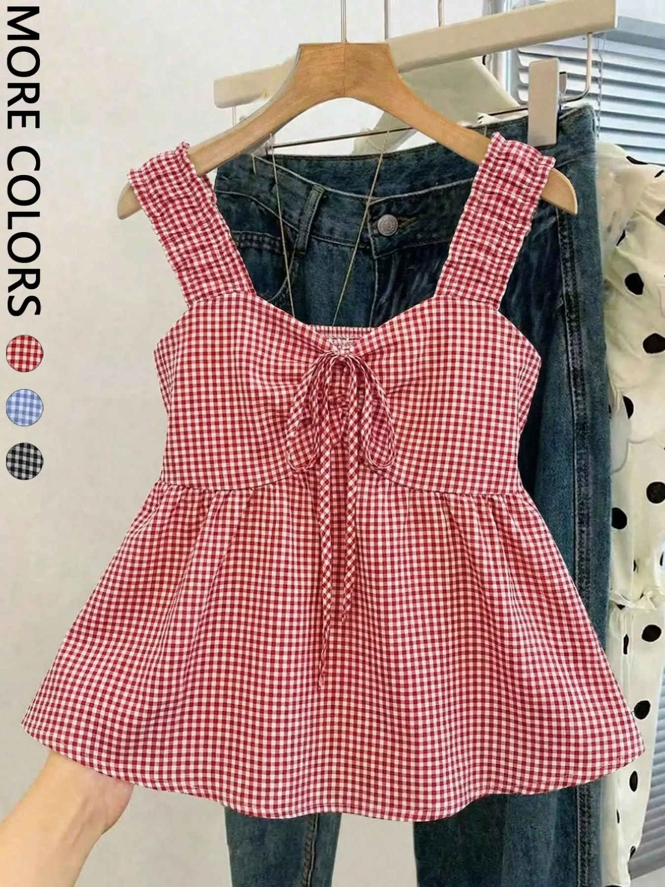 Women's Square Neck Tie Waist Sleeveless Plaid Top, Wide Strap Conceal Fat A-Line Short Bustier, Summer Commute Versatile Top