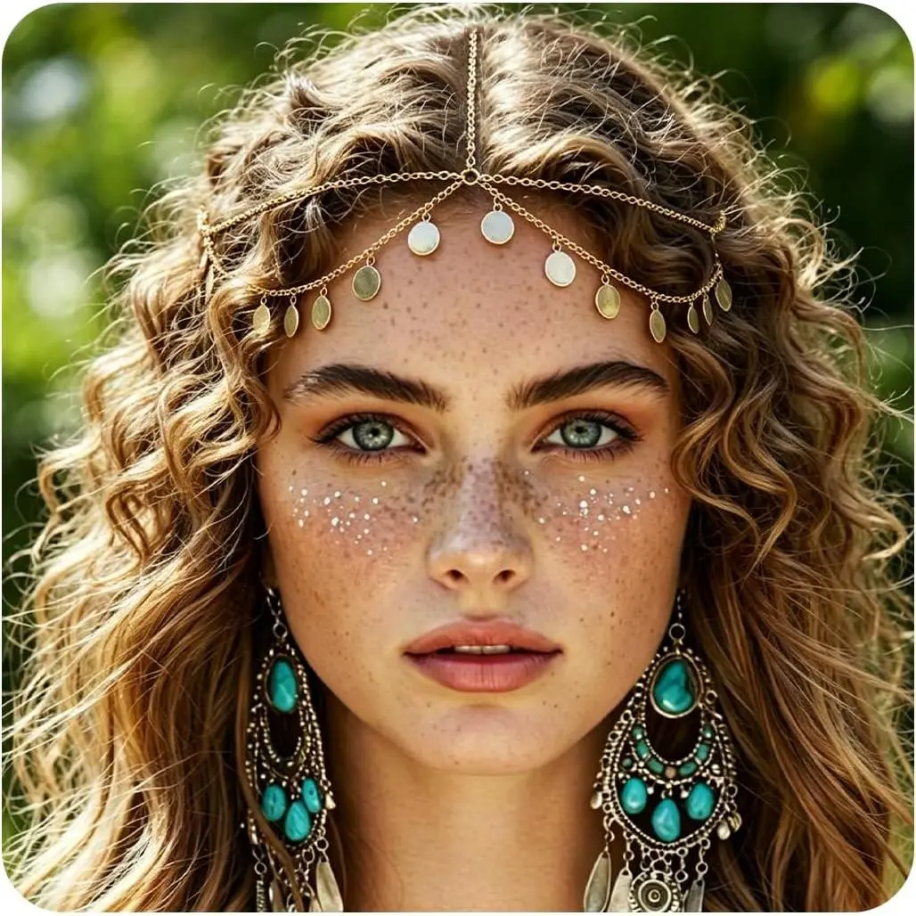 Boho Sequin  Chain  Teardrop Forehead Headpiece Egyptian Layered Hair Chain Bohemia Festival Party   Hair Accessories for Women