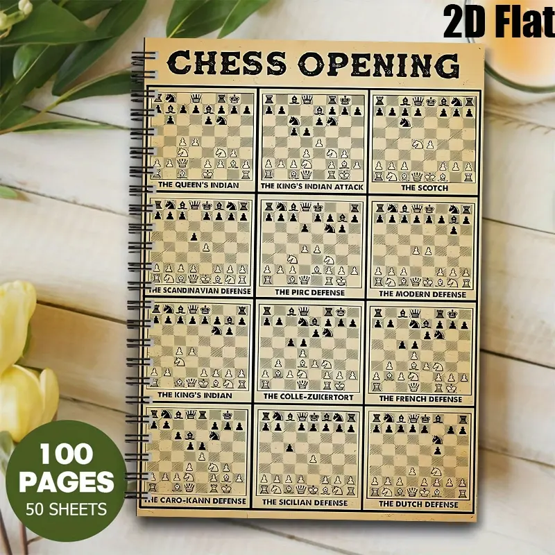 1pc Spiral Bound [2D]Flat Chess Opening Notebook with 9 Classic Openings & Defenses Printed on Cover, Lined 100 Pages Chess Strategy Journal for Players, Chess Lovers Gift for Birthdays, Christmas, Chess Tournaments & Daily Practice, 5.7X8.26inch