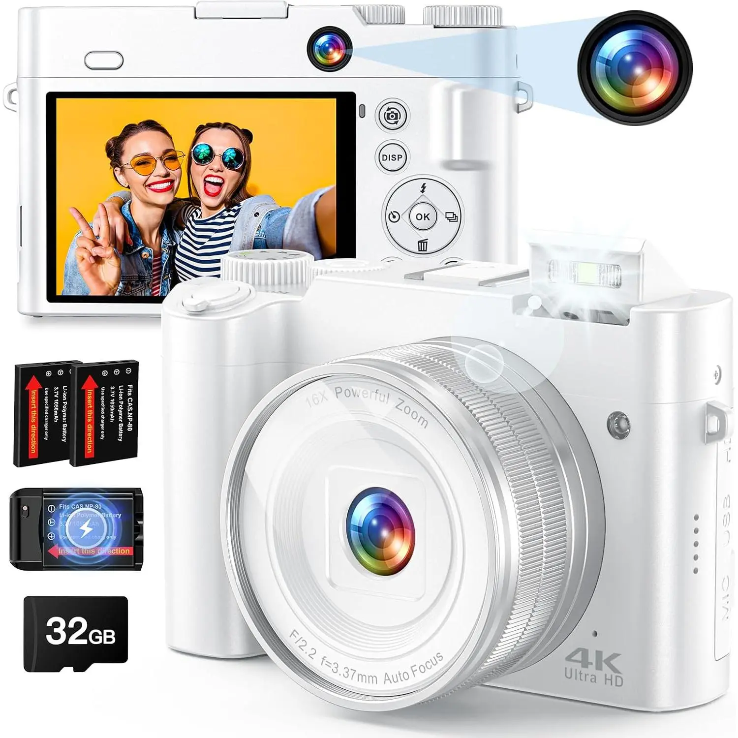 4K Digital Camera, 64MP Rear and Front Camera for Photography and Video Autofocus Anti-Shake, 3'' Selfie Flip Vlogging Camera with Ultra Bright Flash, Camera with Dial 16X Zoom (2 +Charger)