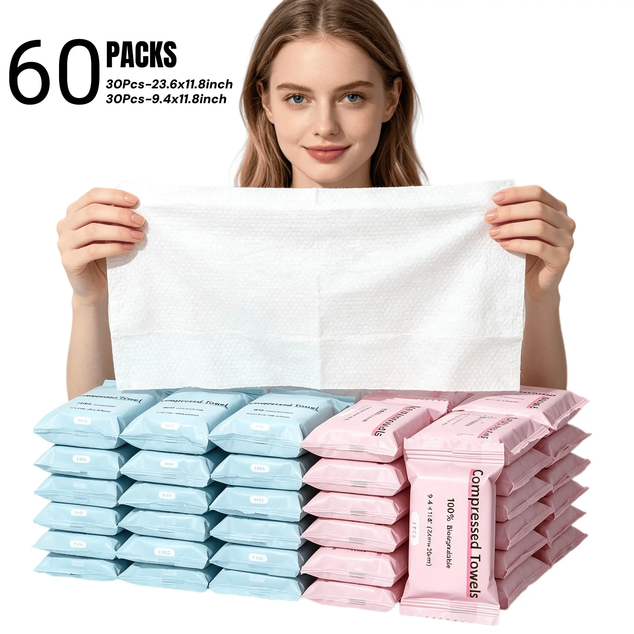 Extra Large&Thick Compressed Towel Tablets Disposable Extra Thick Ultra Soft Travel Towels,Portable Face Cloths, Soft Thick Expandable Wash Towels for Travel, Home, Camping, Outdoor, Gym, Makeup Removal(11.8x23.6inch&9.4x11.8inch,60 Packs）
