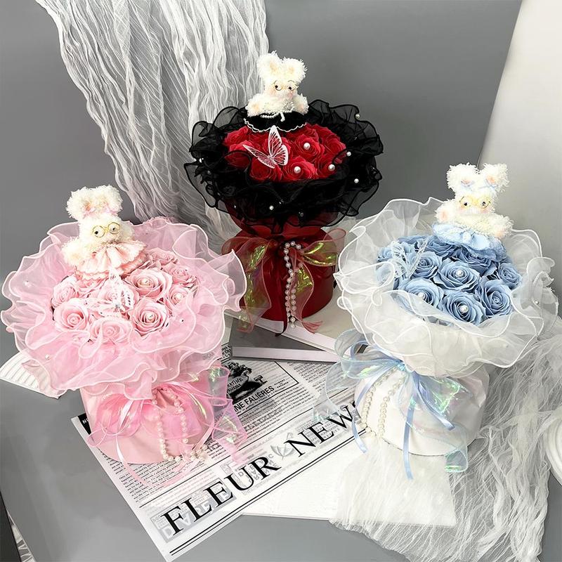 Artificial Rose Soap Flower Bouquet, 1 Count Romantic Lace Faux Rose Flower Bouquet, Gift for Women, Birthday Gift, Party Decoration