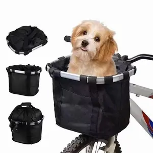 Bicycle Front Basket,Bike Small Pet Dog Carry Pouch,2in1 Detachable MTB Cycling Handlebar Tube Hanging Fold Baggage Bag 5KG Load Bike Accessories