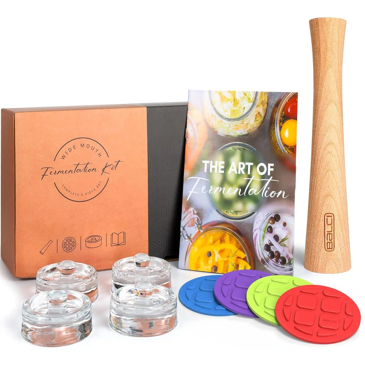 Complete Mason Jar Fermentation Kit – 9 count Wide Mouth Starter Set | Includes fermentation , glass weights, wooden tamper & recipe book for sauerkraut, kimchi, pickles & probiotics.