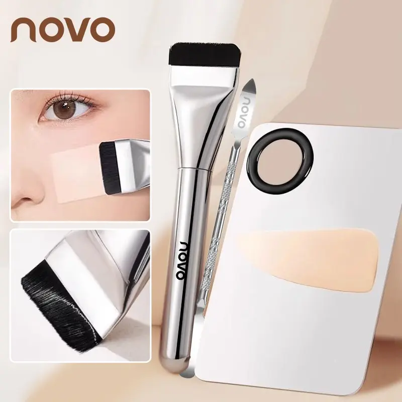 NOVO 3pcs Make Up Spatula Tool With Makeup Mixing Palette Tray & Foundation Spatula & Ultra-Thin Foundation Brush, Perfect For Mixing, Applying Foundation, Blush, Lipstick