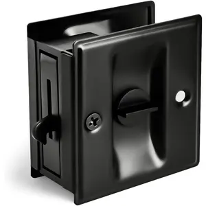 Privacy Sliding Door Lock with Pull - Replace Old Or Damaged Pocket Locks Hardware Quickly and Easily, 2-3/4"x2-1/2",  1-3/8" Thickness Door, Black
