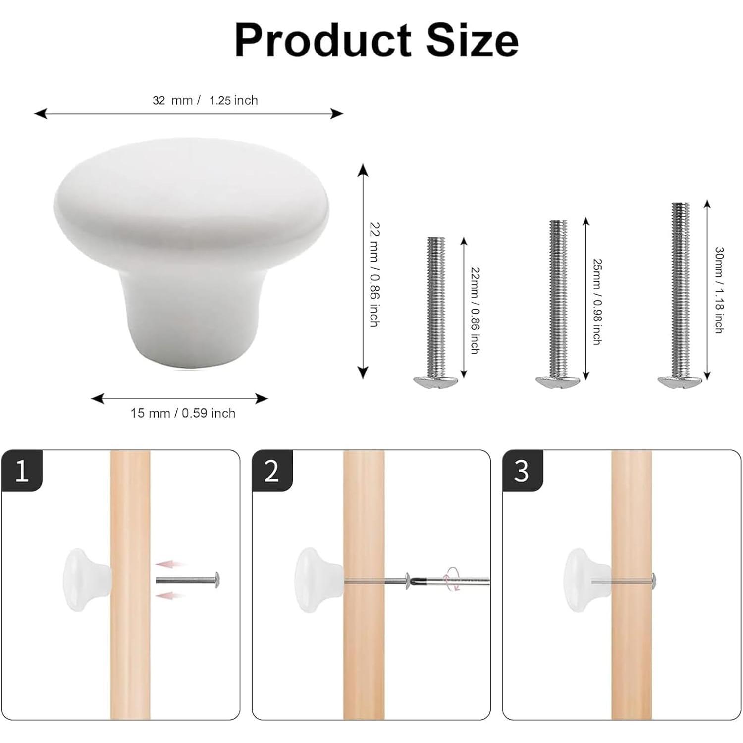 4X White Door Knob Cabinet Retro Round Ceramic Drawer Cupboard Kitchen Dresser Pull Handle Knobs 32mm/1.25" with 3-Sized Screws