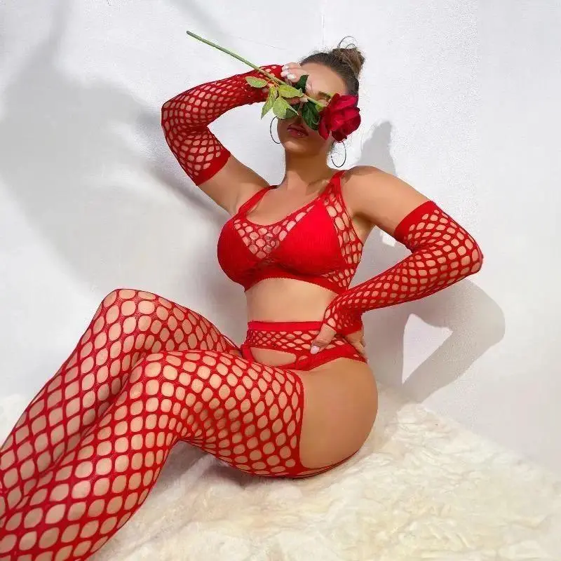 Women’s 3-Piece Stretch Fishnet Mesh Bodystocking Lingerie Set, Bikini Cut Design Elastic Intimate Apparel, Comfortable Nightwear for Valentine’s Day, Anniversaries and Special Romantic Occasions