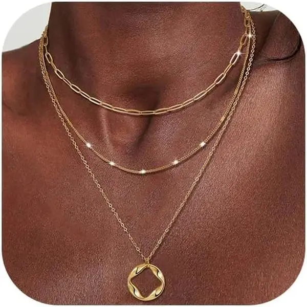 3 count Layered Necklace for Women Stackable Necklaces  Rosegold  Plated Chain Dainty Set Gifts Circle Pendant Paperclip Chain Choker Necklaces Trendy Personalized  Set Gifts for Women
