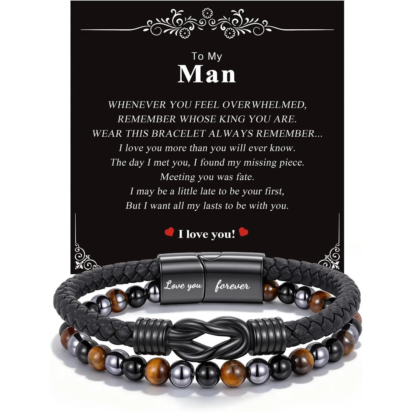 Healing Gifts for Men Triple Protection Healing Infinity Bracelets Lettering Love You Forever Always Linked Together & Guard Your Lover Hematite Black Obsidian Tiger Eye Gemstone Rosary Bracelet