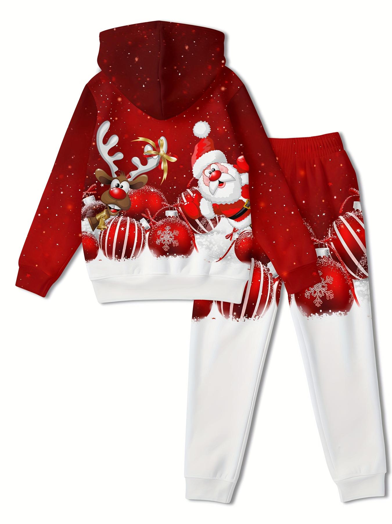 Latest Christmas Boy Hoodie Set, comfortable sports shirt and long pants set, Christmas theme, red and green festive design, featuring Santa Claus, gingerbread children and Christmas decorations, suitable for boys' holiday parties, Christmas clothing