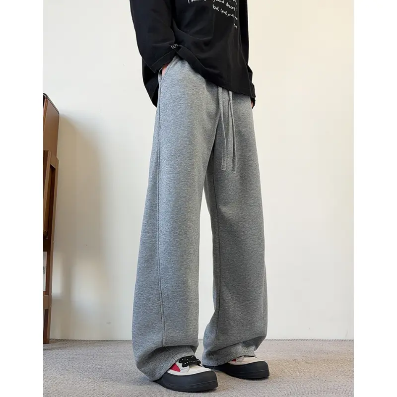 Menswear Plain Full-Length Cotton Blend Sweatpants for Men - Solid Drawstring Waist, Wide Leg, Side Seam Detail, Machine Washable Comfortable Versatile Basic Trousers for Casual Daily Autumn Wear #sohochic