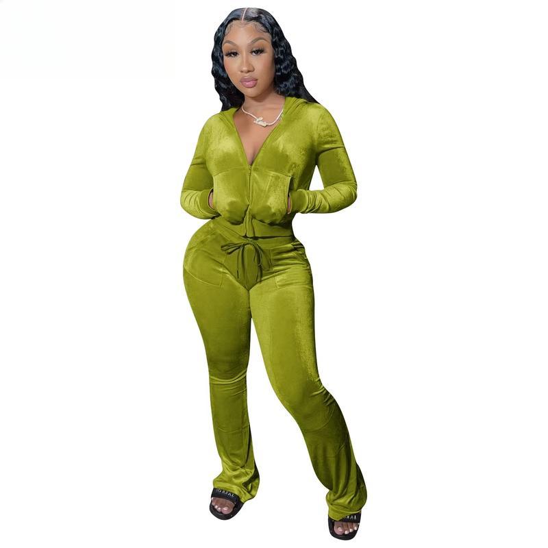 Women Autumn Two Piece Outfits 2 Piece Velour Tracksuit Sweatsuits Zip Up Hooded Jacket Flared Pants Jogger Sets