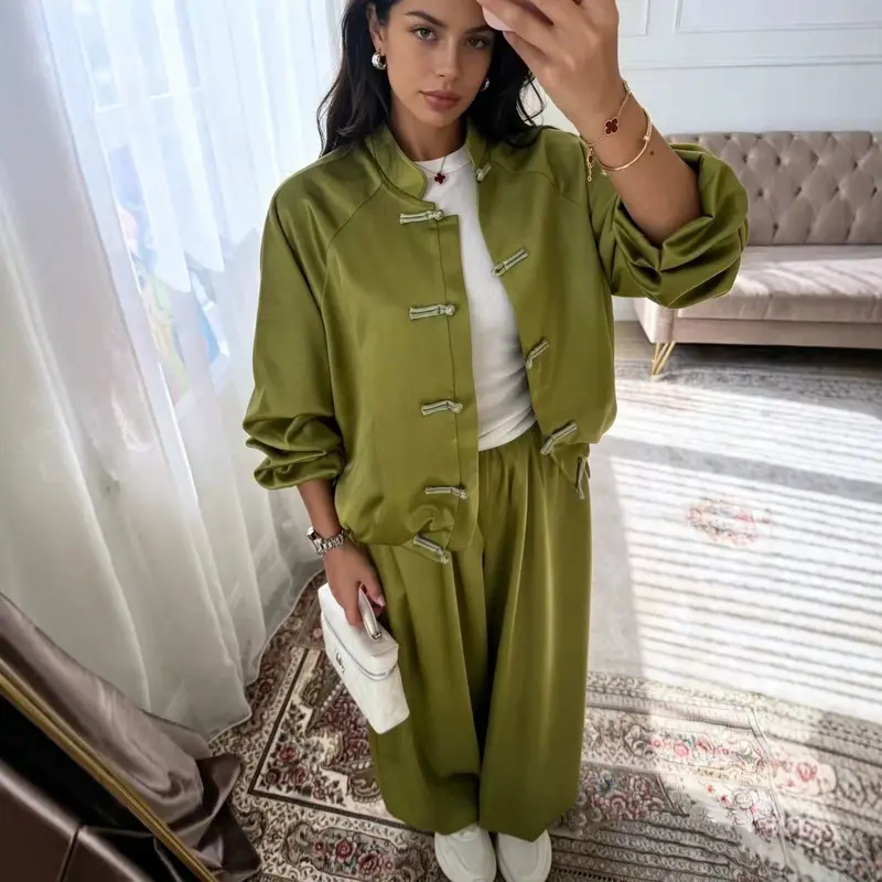 Women's two-piece suit in new Chinese style with button closures, national-style satin suit with drapey wide-leg pants and drawstring two-piece set