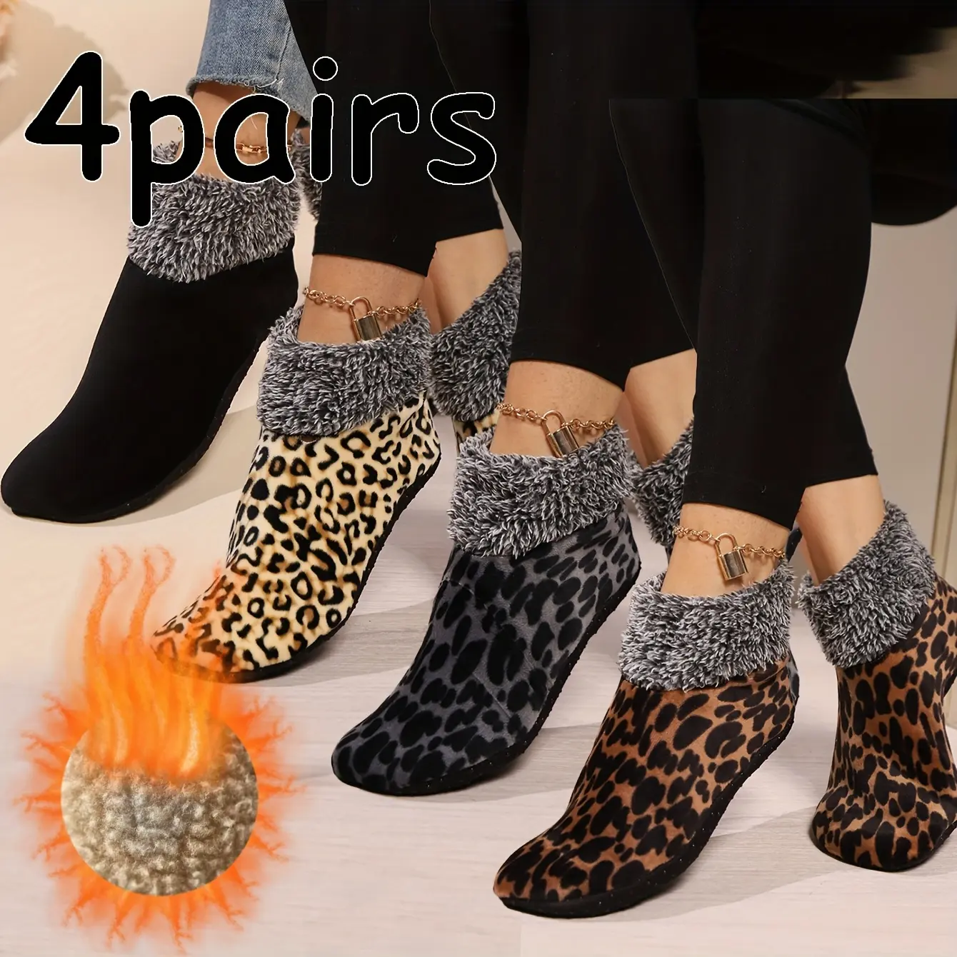 Women's 4-Pair Leopard Print Ankle Length Floor Socks - Fuzzy Warm Fluffy Fabric, One-Size-Fit, for Indoor & Outdoor Use