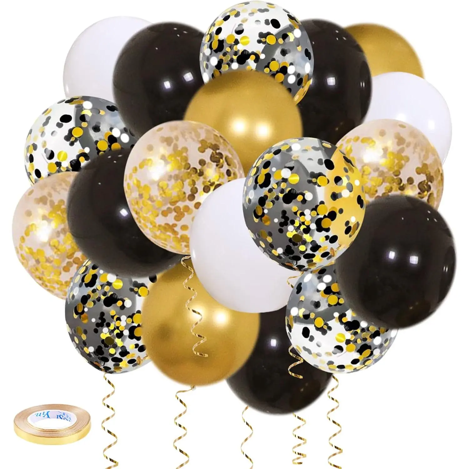 Black  Confetti Balloons 50 pack - 12 Inch  White and Black Confetti Balloons with Ribbons for Graduation Birthday Wedding Party Decorations