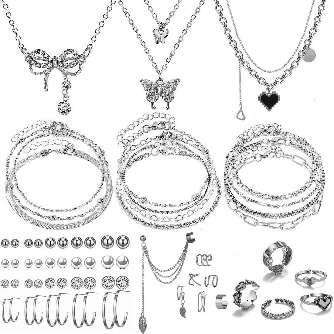 Women's 47-Piece Gold Costume Jewelry Set - 3 Necklaces, 11 Bracelets, 20 Hoop Studs, 7 Rings - Female Wear with Polished Look, Birthday Gift Ideas for Girlfriend