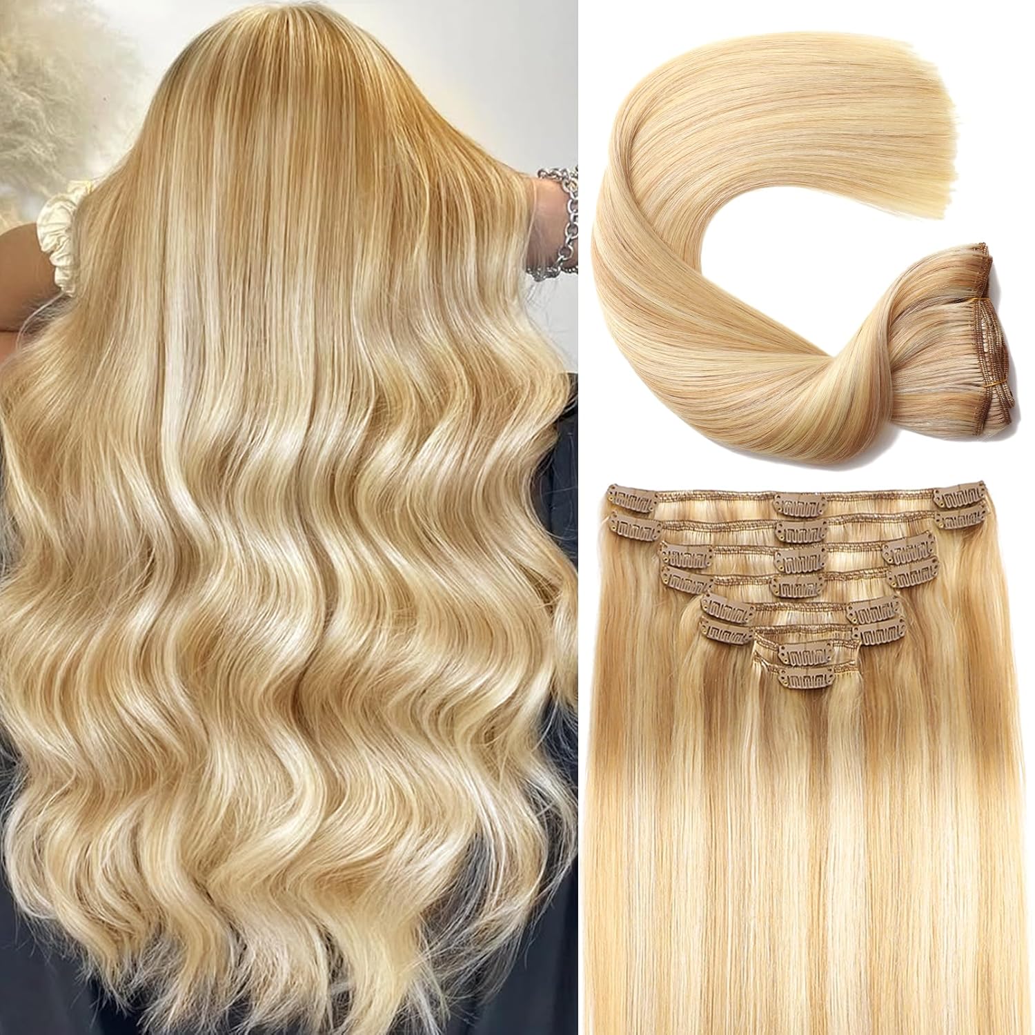 20-Inch Clip-In Human Hair Extensions, 8-Piece Set, Double Weft, Remy Hair Clip in Hair Extensions Real Human Hair, 20inch 110g/3.8oz  main image 3