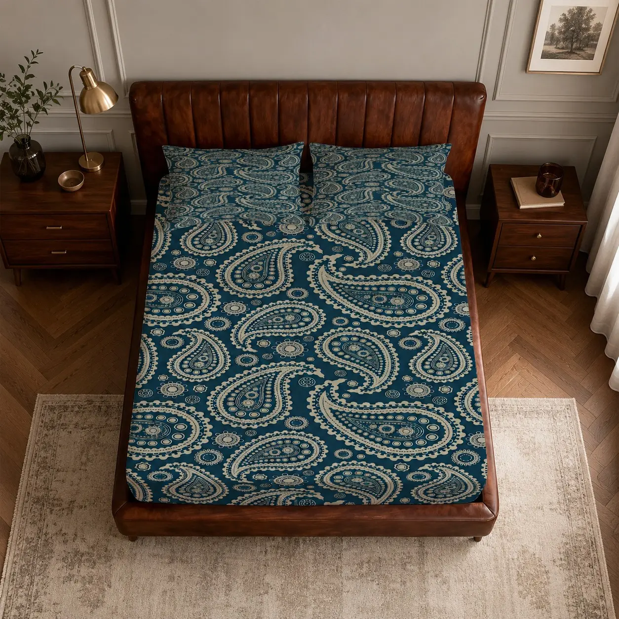 Paisley Floral Print 3-Piece Fitted Sheet Set (1 Fitted Sheet and 2 Pillowcases), No Pillow Inserts, Deep Pocket Skin-Friendly Bedding for Teens & Adults, Suitable for Bedrooms, Dorms & Apartments, Perfect as Birthday & Holiday Gifts